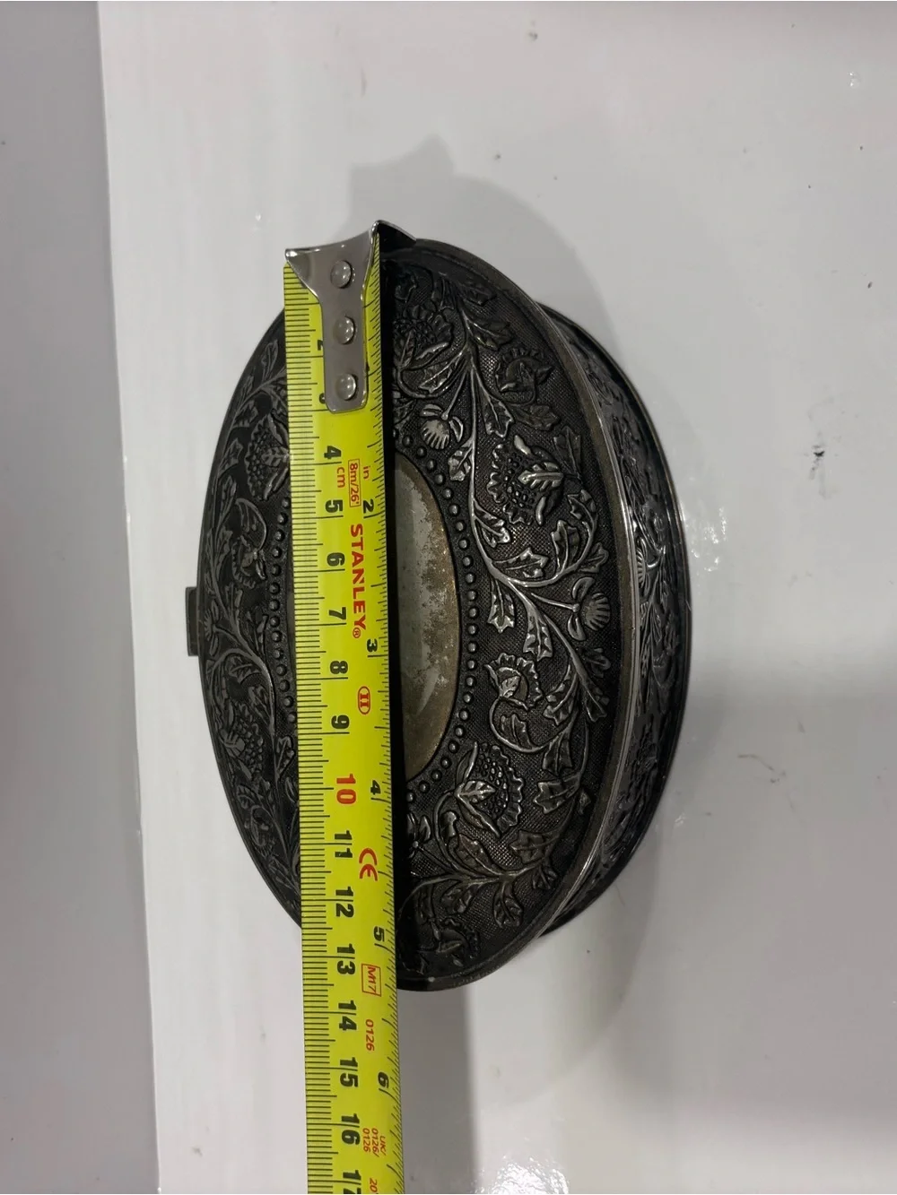 Decorative Floral Etched Trinket Box - Black/silver- vintage hinged velvet lined